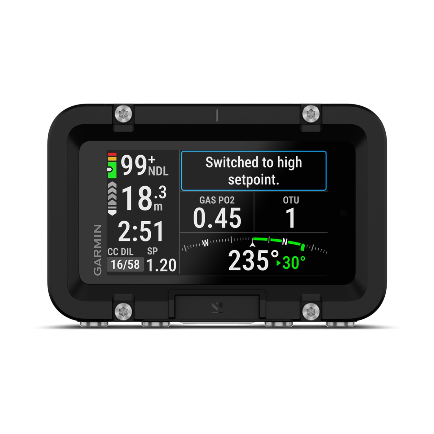 Garmin Descent X50i en mode recycleur : setpoint, diluant, PO2 et tol&eacute;rance &agrave; l'oxyg&egrave;ne